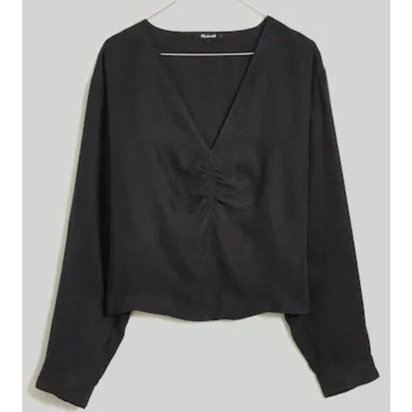 Madewell Brushed Ruched Front V Neck Long Sleeve Cupro Top US Women's 00 New - Picture 2 of 7
